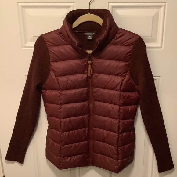 Eddie Bauer Jackets & Blazers - Eddie Bauer| Wool Blend Knit and Down Cardigan Burgundy Wine Slit Pockets Sz M